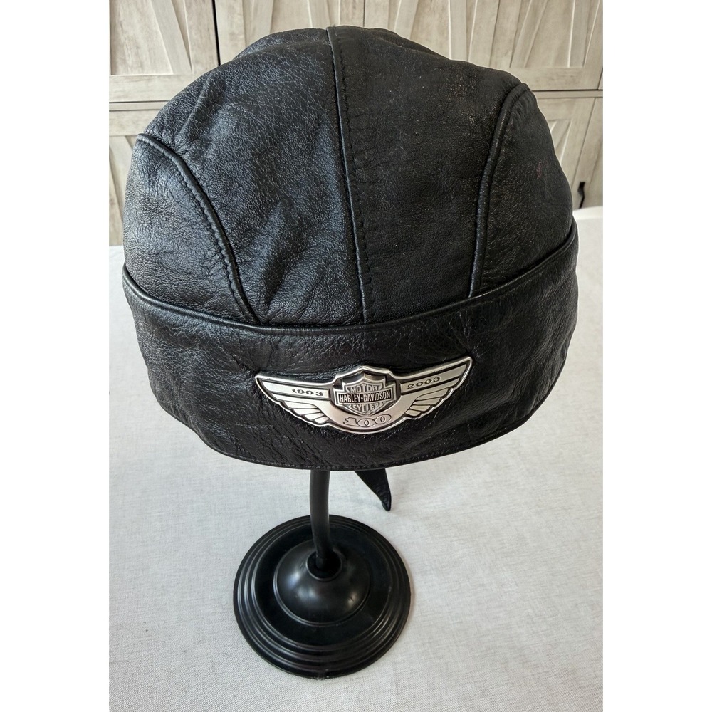 VTG Harley Davidson 100th Anniversary Leather Skull Cap Doo Rag Black L Biker